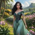 Yennefer in a lush, tropical paradise, her dress light and airy as she walks through a field of flowers