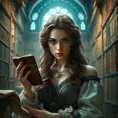 Triss in a grand, magical library, her fingers tracing the spines of old tomes, her expression one of deep concentration