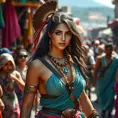 Kassandra in a vibrant, colorful festival in Greece, blending in with the joyous crowd, yet still maintaining her warrior's alertness