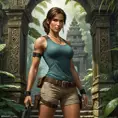 Lara Croft in a classic adventure pose, her iconic dual pistols drawn, standing before an ancient, ornate temple entrance hidden in a dense jungle.