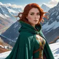 Triss in a high-altitude mountain setting, her cloak fluttering in the wind as she gazes out over a breathtaking vista