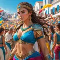 Kassandra in a vibrant, colorful festival in Greece, blending in with the joyous crowd, yet still maintaining her warrior's alertness