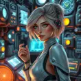 Ciri in a high-tech laboratory, surrounded by futuristic gadgets and glowing screens, her expression curious and intrigued