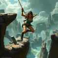 A high-action scene where Lara Croft is mid-swing on a rope, leaping over a deep chasm, with crumbling ruins and ancient traps in the background.