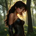 Cassandra Cain in a tranquil forest clearing, the sunlight filtering through the trees, her pose relaxed yet alert.