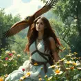 Kassandra in a lush, ancient Greek forest, surrounded by blooming wildflowers, her eagle Ikaros soaring above, capturing the essence of her adventurous spirit