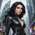 Yennefer in a high-tech, futuristic cityscape, her attire modern yet retaining her classic elegance, her gaze focused on a floating screen