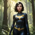 Cassandra Cain in a tranquil forest clearing, the sunlight filtering through the trees, her pose relaxed yet alert.