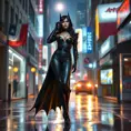 Cassandra Cain in a dramatic, cinematic style, standing on a rain-soaked street, the neon lights of Gotham City reflecting in puddles at her feet.