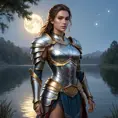 Kassandra on a quiet evening by a serene lake, her armor reflecting the moonlight, creating a peaceful yet powerful portrait of her character