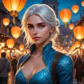 Ciri in a vibrant, magical city at dusk, surrounded by floating lanterns and bustling with mythical creatures, her eyes reflecting the city's lights