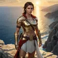 Kassandra from Assassin's Creed, standing atop a cliff overlooking the Aegean Sea, with the sun setting behind her, casting a golden glow on her armor and the waves below