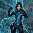 Cassandra Cain, dressed in a sleek, black tactical suit, standing before a digital city map, her hands poised as if ready to strike.