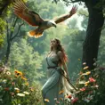 Kassandra in a lush, ancient Greek forest, surrounded by blooming wildflowers, her eagle Ikaros soaring above, capturing the essence of her adventurous spirit