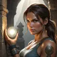 A detailed portrait of Lara Croft examining an ancient artifact, the light from her flashlight casting shadows across her focused face and the intricate relic.