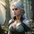 Ciri from The Witcher 3, standing in a misty forest with glowing mushrooms and ancient trees, her silver hair shimmering under the soft light filtering through the leaves