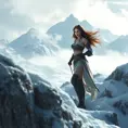 Kassandra in a snowy mountain landscape, her breath visible in the cold air, navigating through treacherous terrain, showcasing her resilience and survival skills