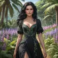 Yennefer in a lush, tropical paradise, her dress light and airy as she walks through a field of flowers