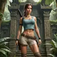 Lara Croft in a classic adventure pose, her iconic dual pistols drawn, standing before an ancient, ornate temple entrance hidden in a dense jungle.