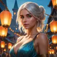 Ciri in a vibrant, magical city at dusk, surrounded by floating lanterns and bustling with mythical creatures, her eyes reflecting the city's lights