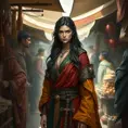 Yennefer in a bustling market, her vibrant robes contrasting with the earthy tones of the vendors, her expression both curious and confident