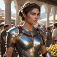 Kassandra in a bustling Greek marketplace, her armor glinting in the sunlight, interacting with various characters, showcasing her charismatic and warrior-like demeanor