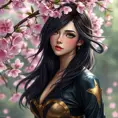 Cassandra Cain, depicted in a serene garden with blooming cherry blossoms, her eyes reflecting the soft pink petals, a gentle breeze lifting her raven hair.