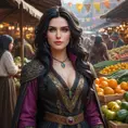 Yennefer in a bustling market, her vibrant robes contrasting with the earthy tones of the vendors, her expression both curious and confident