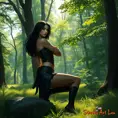 Cassandra Cain in a tranquil forest clearing, the sunlight filtering through the trees, her pose relaxed yet alert.