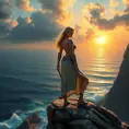 Ciri on a rocky cliff overlooking a vast ocean, the sun setting behind her, casting a golden glow on her armor and the waves below