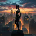 Cassandra Cain standing atop a city rooftop at twilight, the skyline of Gotham City illuminated behind her, her silhouette sharp against the urban glow.