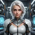 Ciri in a high-tech laboratory, surrounded by futuristic gadgets and glowing screens, her expression curious and intrigued