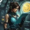 Lara Croft in a high-tech underground laboratory, suited up in modern gear, studying a holographic map of an undiscovered tomb.