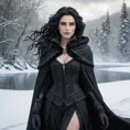 Yennefer in a snowy, winter wonderland, her cloak billowing in the wind as she walks gracefully on a frozen lake