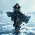 Yennefer in a snowy, winter wonderland, her cloak billowing in the wind as she walks gracefully on a frozen lake