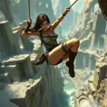 A high-action scene where Lara Croft is mid-swing on a rope, leaping over a deep chasm, with crumbling ruins and ancient traps in the background.