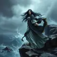 Yennefer in a dramatic, stormy sea setting, her hair and robes whipped by the wind as she stands on a rocky cliff