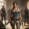 Lara Croft in a tense standoff with a group of mercenaries, her stance defensive, with old-world artifacts and weapons scattered around the room.