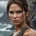 A dramatic close-up of Lara Croft, her eyes intense and focused, set against a stormy, rugged cliffside, emphasizing her resilience and determination.