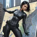 Cassandra Cain, dressed in a sleek, black tactical suit, standing before a digital city map, her hands poised as if ready to strike.