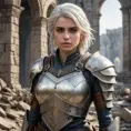 Ciri in a battle-worn armor, standing amidst the ruins of a once-great city, her expression resolute and determined