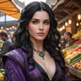 Yennefer in a bustling market, her vibrant robes contrasting with the earthy tones of the vendors, her expression both curious and confident