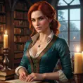 Triss Merigold from The Witcher 3, standing in a cozy, candlelit study filled with books and potions, her red hair cascading over her shoulders