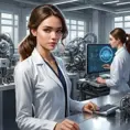 A detailed illustration of A2's backstory, showing her as a young prototype in a high-tech laboratory, with scientists and machinery in the background.