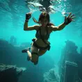 A cinematic shot of Lara Croft swimming underwater, her athletic form highlighted, exploring the submerged ruins of a lost city.