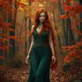 Triss in a vibrant, autumnal forest, her hair matching the fiery colors of the leaves as she walks a leaf-strewn path