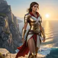 Kassandra from Assassin's Creed, standing atop a cliff overlooking the Aegean Sea, with the sun setting behind her, casting a golden glow on her armor and the waves below