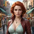 Triss in a bustling city street, her attire both practical and stylish as she navigates the crowd with ease