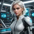 Ciri in a high-tech laboratory, surrounded by futuristic gadgets and glowing screens, her expression curious and intrigued