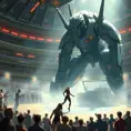 A futuristic battle arena where A2 faces off against a colossal, mechanized enemy, the audience a mix of human and android onlookers, cheering her on.